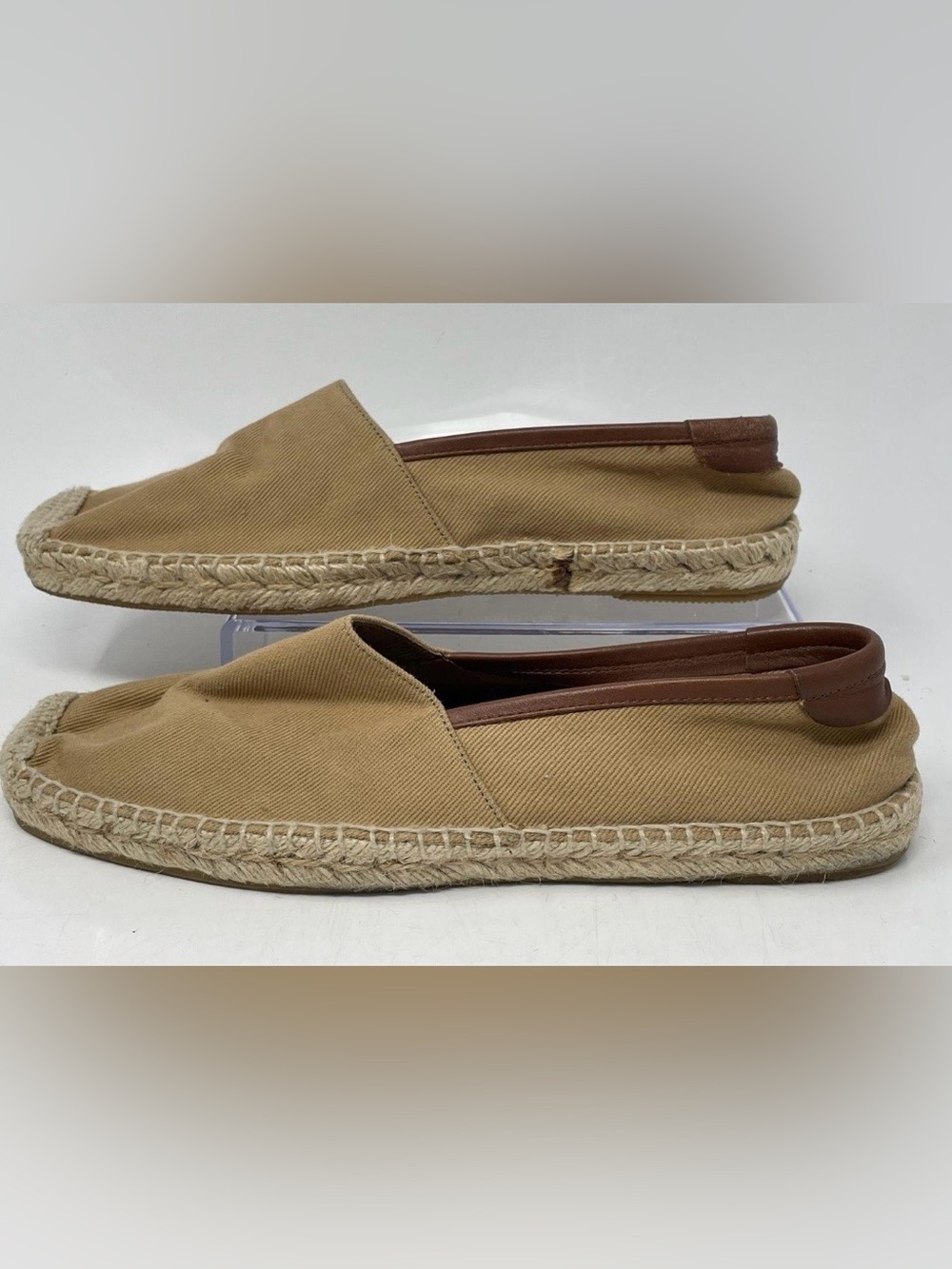 Salvatore Ferragamo Tan Canvas Espadrilles Slip-Ons with Brown Trim Leather